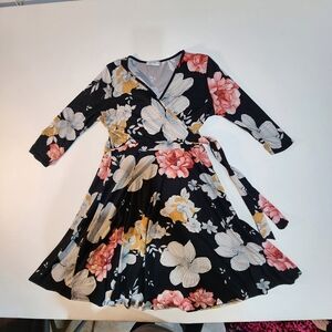 Kayla's Armoire Black Floral Print Faux-wrap, Deep V-neck & Waist Tie Size L